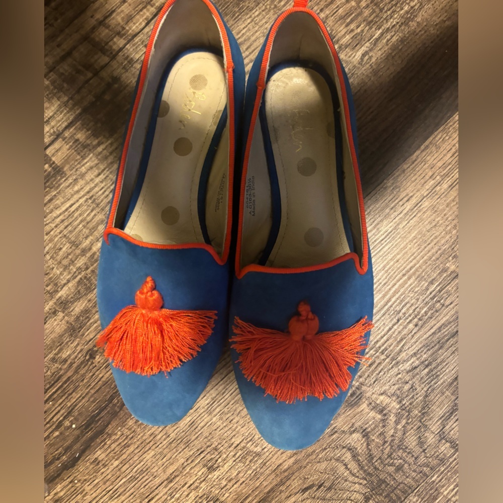 Boden Vibrant Blue Loafers with Orange Tassels